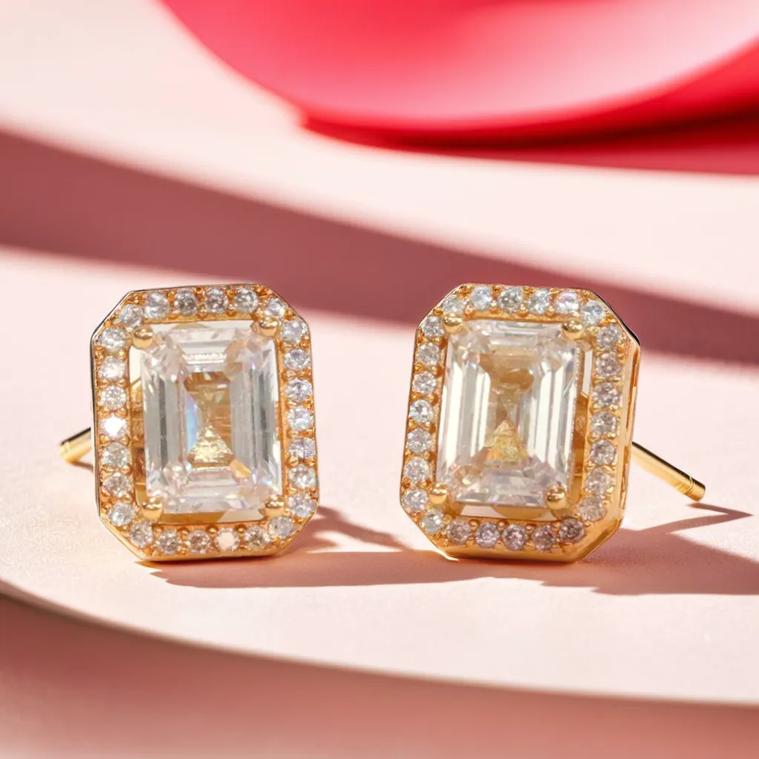 Emerald Cut Halo Stud Earrings